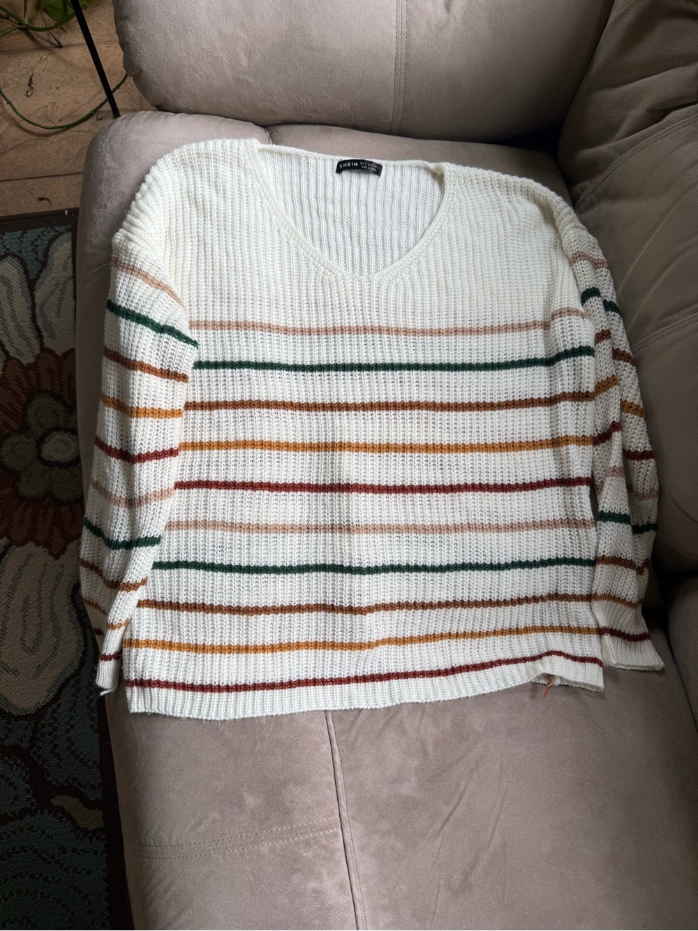 Cream V-Neck Sweater with Green, Rust, Mustard & Burgundy Stripes